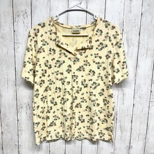 Vtg Classic Elements Top Women 41" Chest Yellow Floral Short Sleeve Polo Shirt